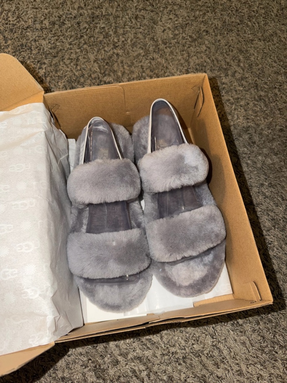 UGG Gray Plush Double-Band Slide Slippers